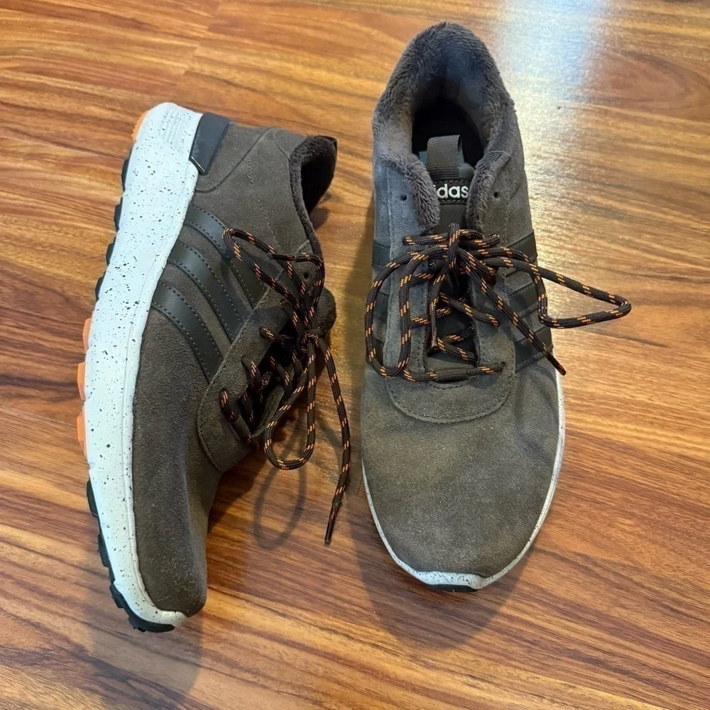 Brown Adidas Ortholite suede sneakers with fuzzy material